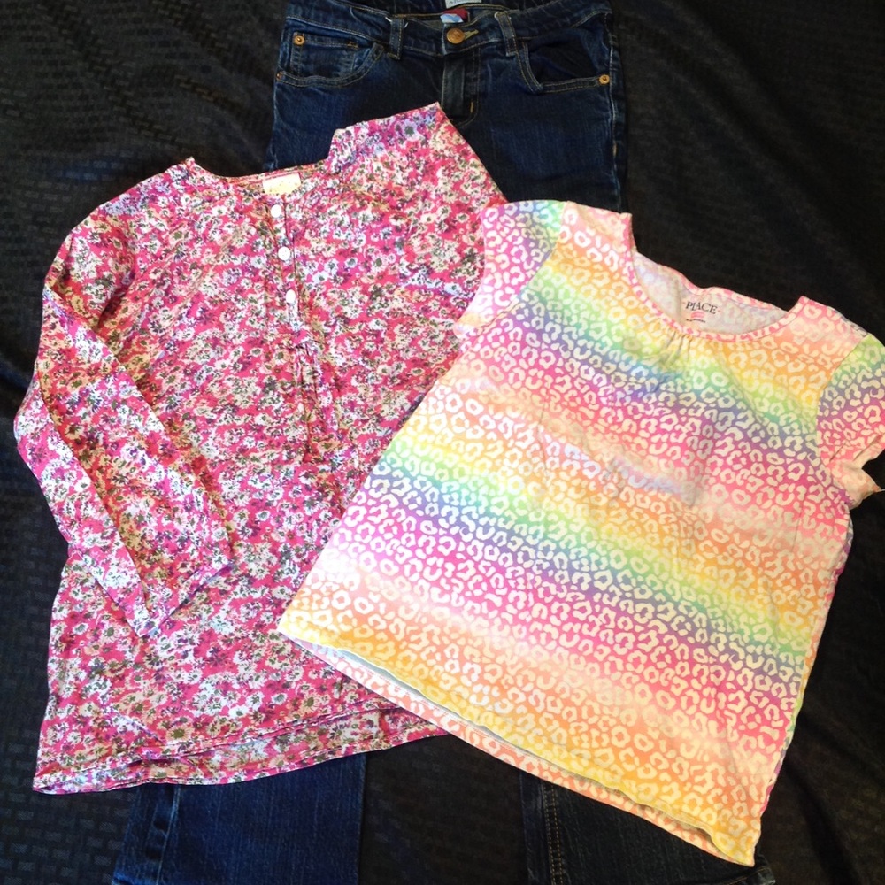 2 girls tops and a pair of jeans